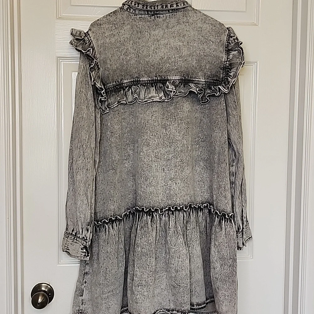 River Island Acid Wash Longsleeve Shirt Dress Pearl Button Down Size 12 - Picture 3 of 11